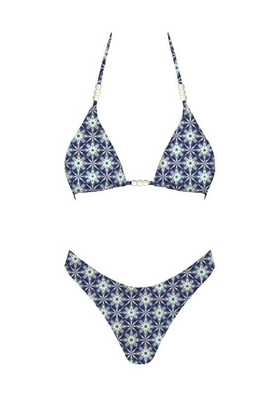 Como navy and teal mosaic print bikini set with faux pearl beaded triangle top