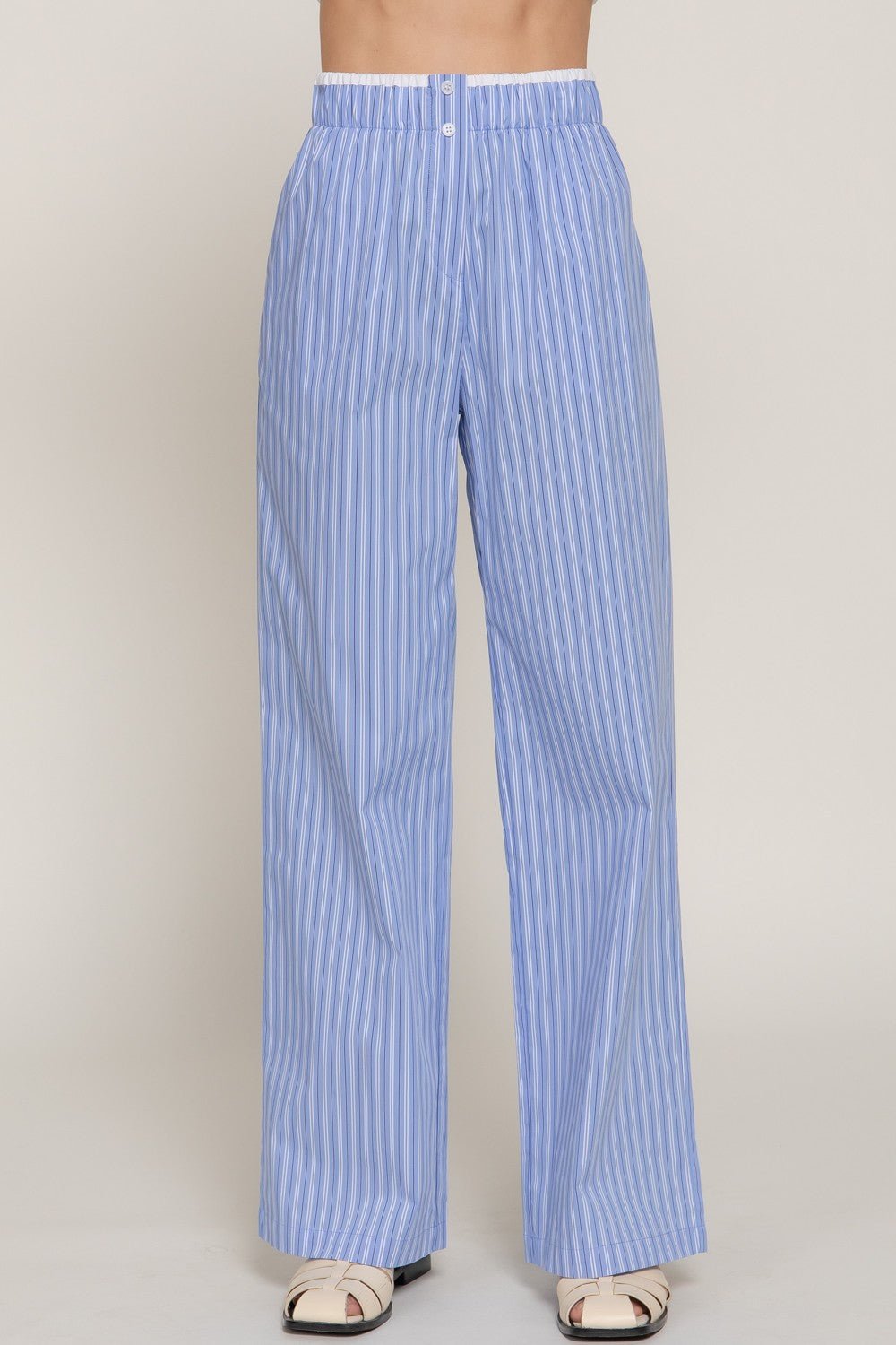 Blue and white poplin wide leg pants for warm weather