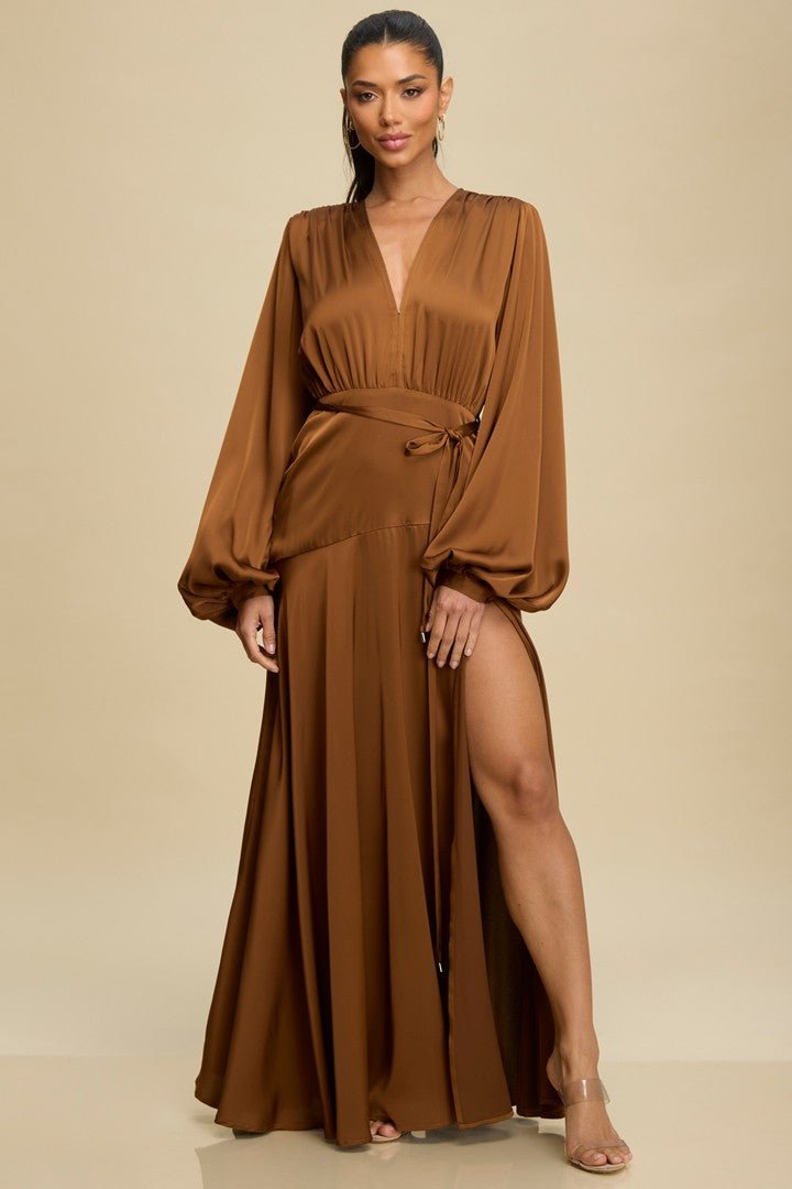 Copper Long Sleeve Satin Maxi Gown - STYLED BY ALX COUTUREDresses