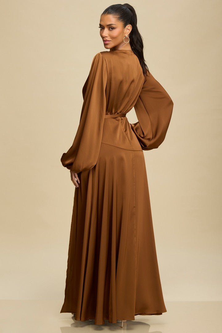 brown satin maxi dress long sleeve Long Sleeve Plunge V Neck Maxi Dress Brown