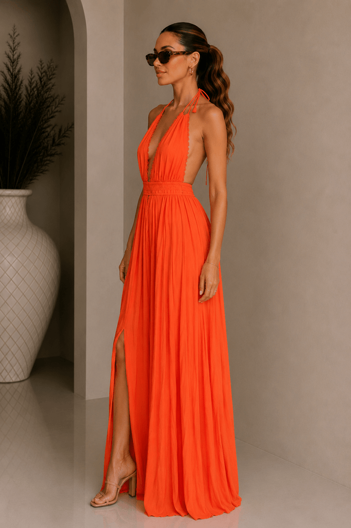 Coral Halter Flowy Maxi Dress - STYLED BY ALX COUTUREDresses