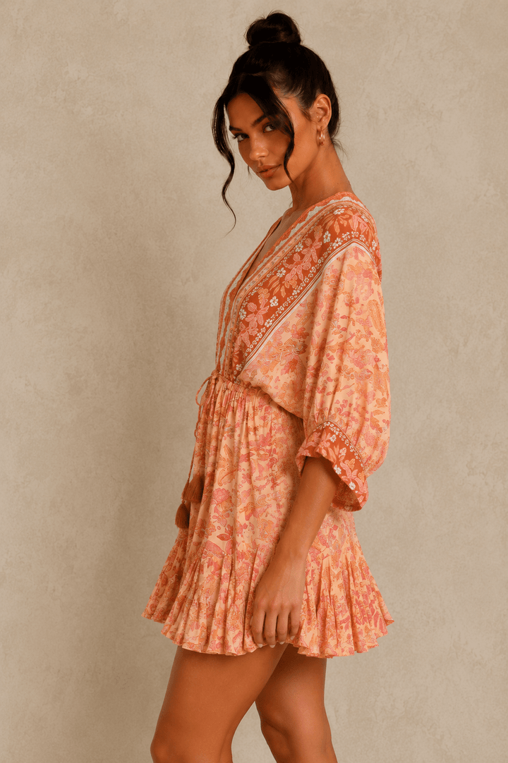 Coral & Orange Kimono Printed Ruffle Mini Dress - STYLED BY ALX COUTUREDresses