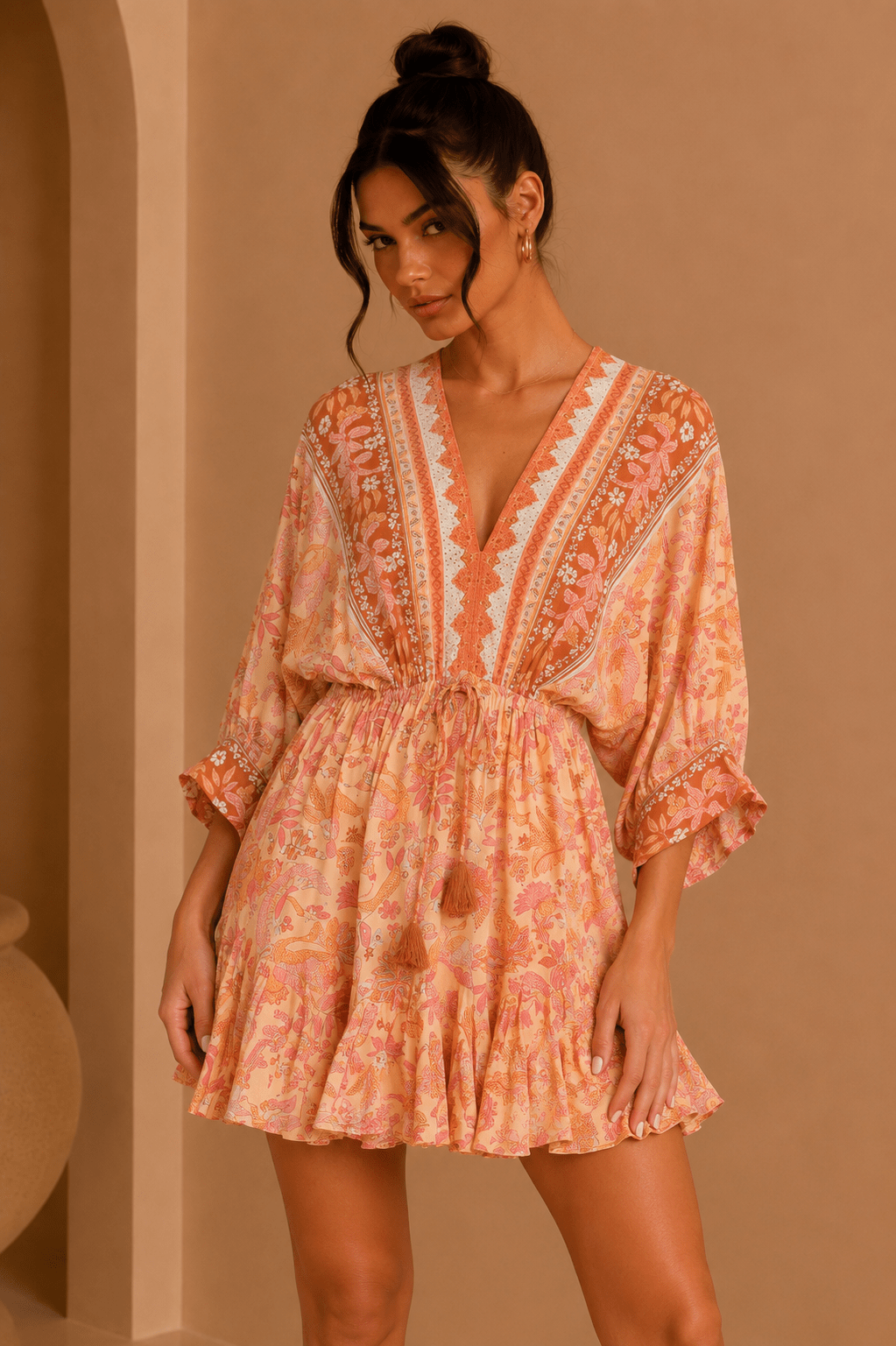 Coral & Orange Kimono Printed Ruffle Mini Dress - STYLED BY ALX COUTUREDresses