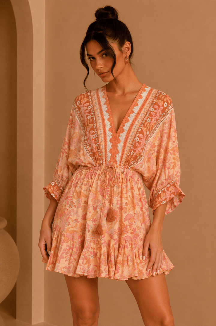 Coral & Orange Kimono Printed Ruffle Mini Dress - STYLED BY ALX COUTUREDresses
