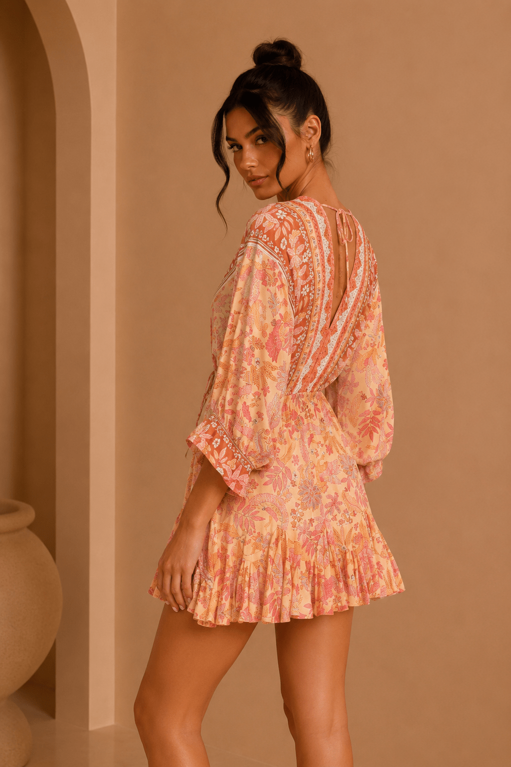 Coral & Orange Kimono Printed Ruffle Mini Dress - STYLED BY ALX COUTUREDresses