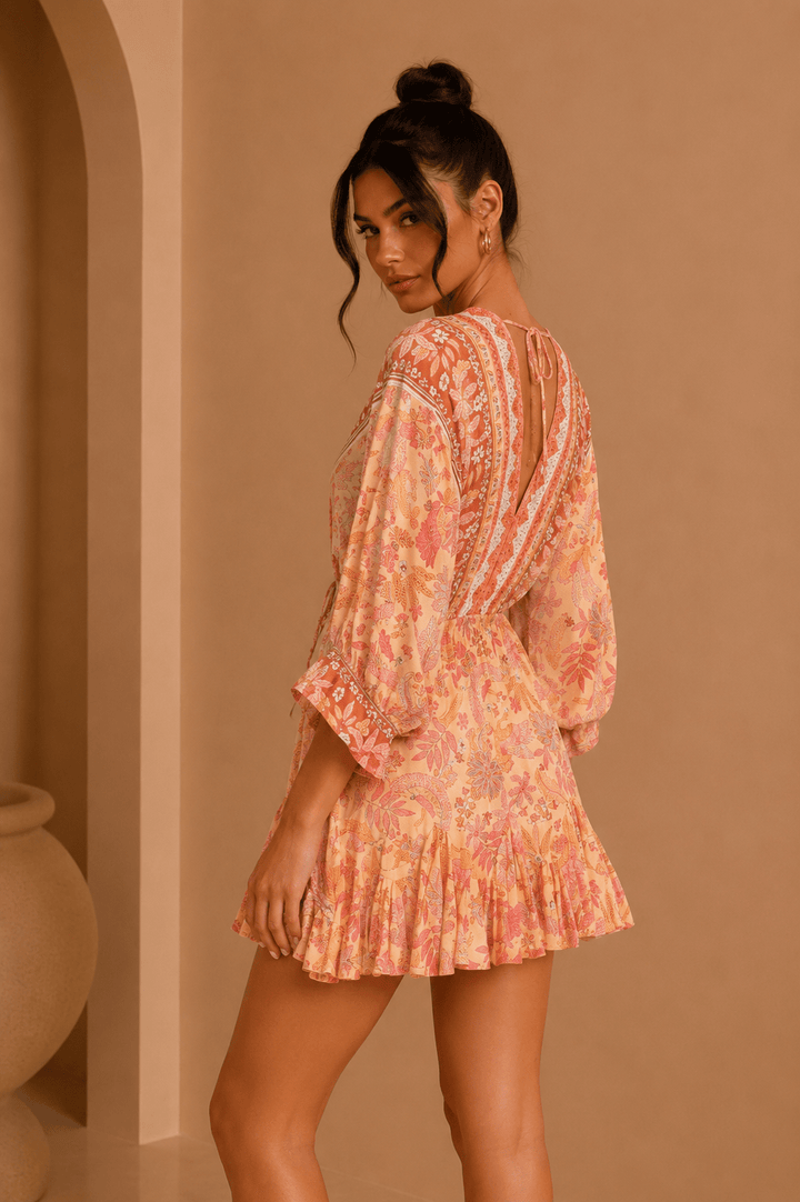 Coral & Orange Kimono Printed Ruffle Mini Dress - STYLED BY ALX COUTUREDresses