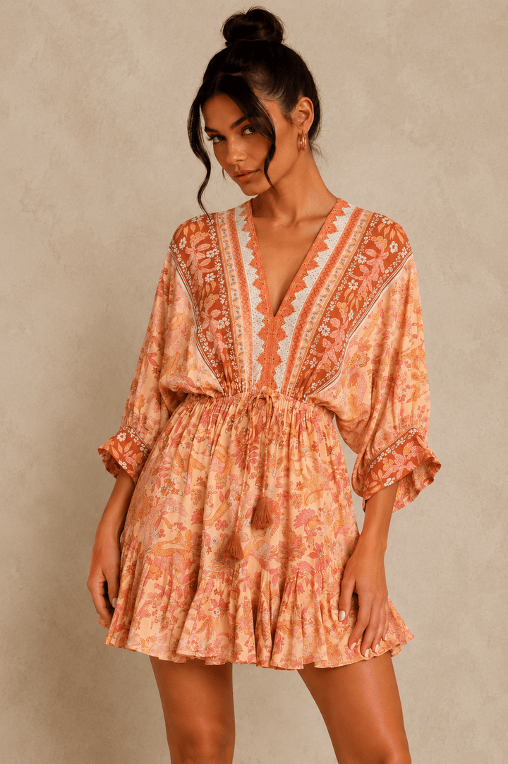 Coral & Orange Kimono Printed Ruffle Mini Dress - STYLED BY ALX COUTUREDresses