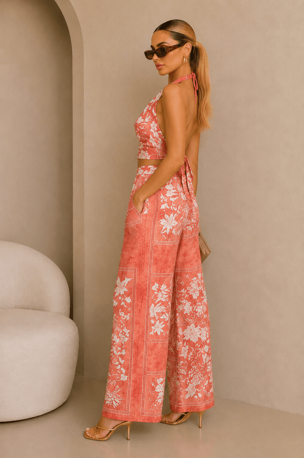 Coral & White Floral Cowl Neck Tie Back Pants Set - STYLED BY ALX COUTUREOutfit Sets