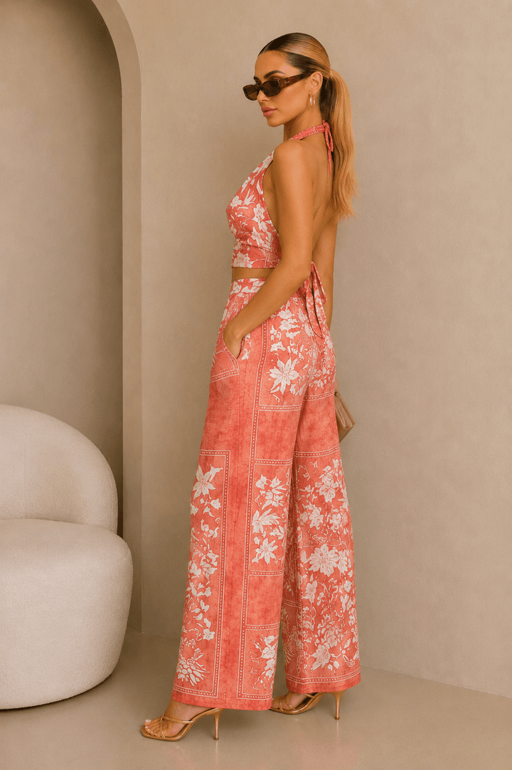 Coral & White Floral Cowl Neck Tie Back Pants Set - STYLED BY ALX COUTUREOutfit Sets