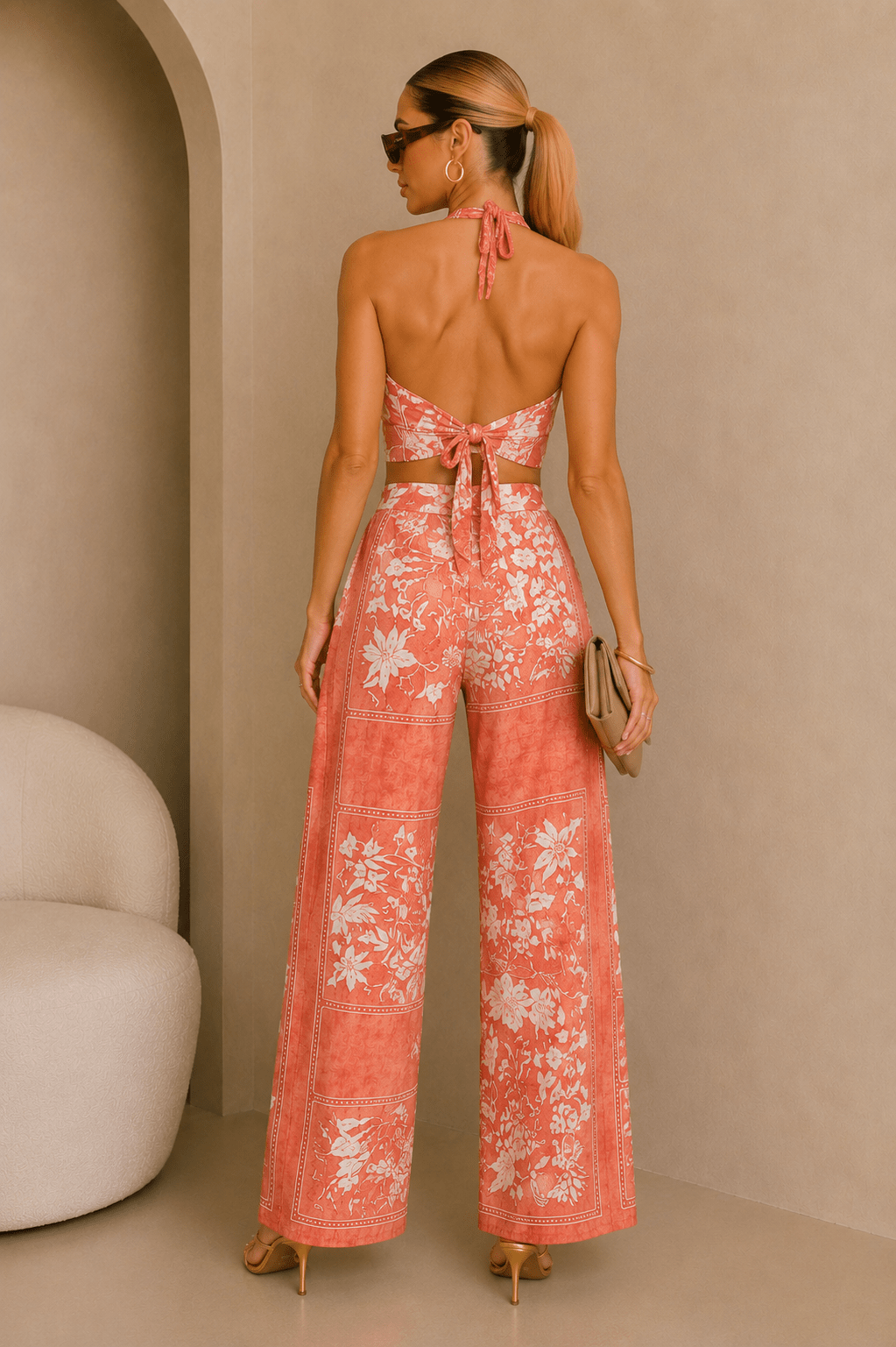 Coral & White Floral Cowl Neck Tie Back Pants Set - STYLED BY ALX COUTUREOutfit Sets