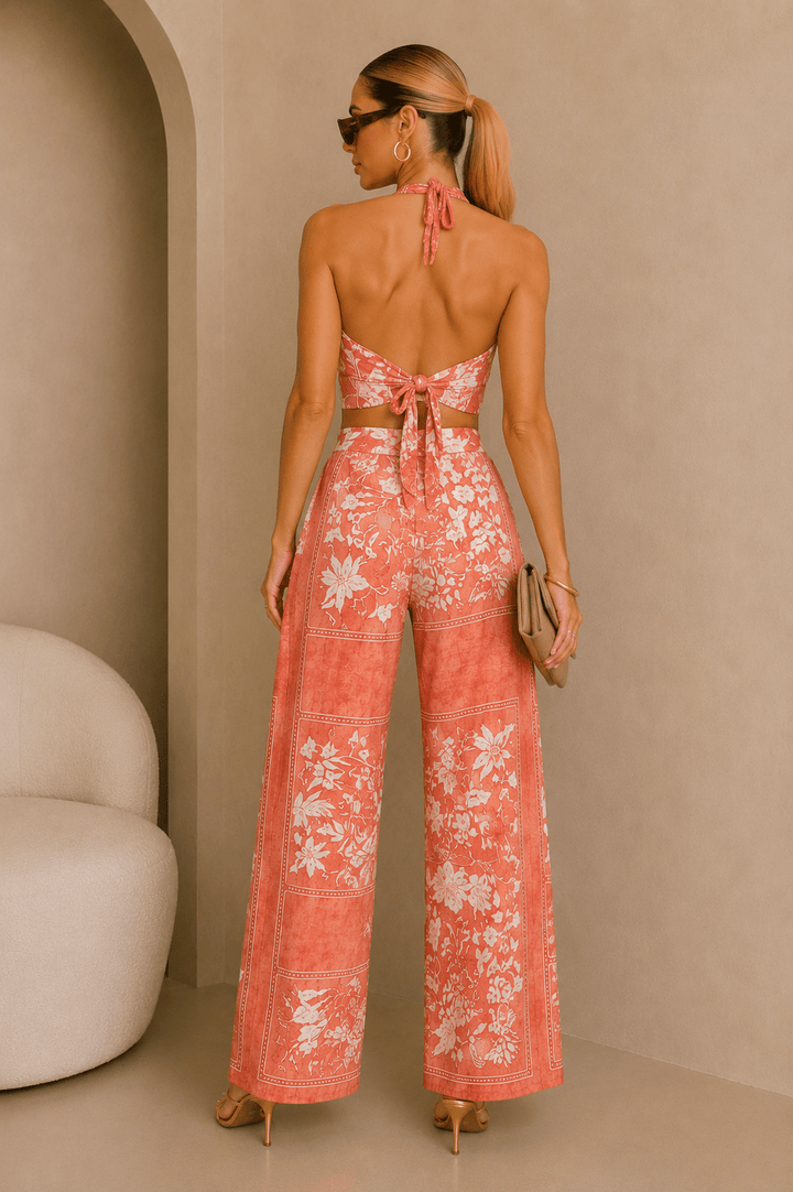 Coral & White Floral Cowl Neck Tie Back Pants Set - STYLED BY ALX COUTUREOutfit Sets