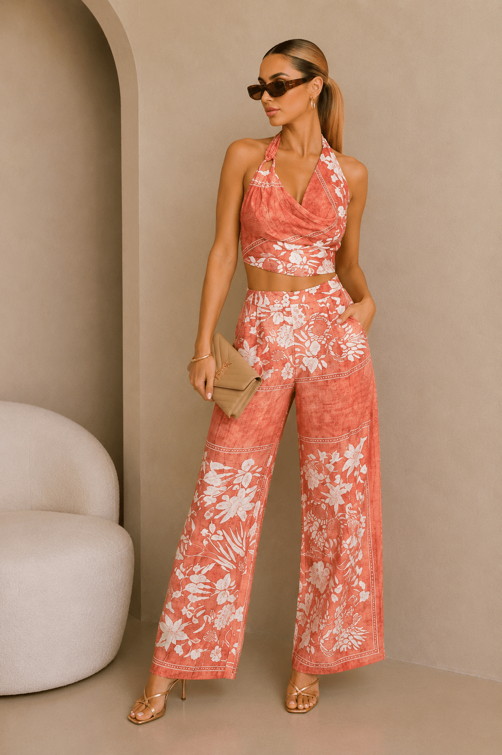 Coral & White Floral Cowl Neck Tie Back Pants Set - STYLED BY ALX COUTUREOutfit Sets