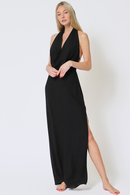 stretchable maxi dress Black Linen Halter Slit Maxi Dress – STYLED BY ALX COUTURE