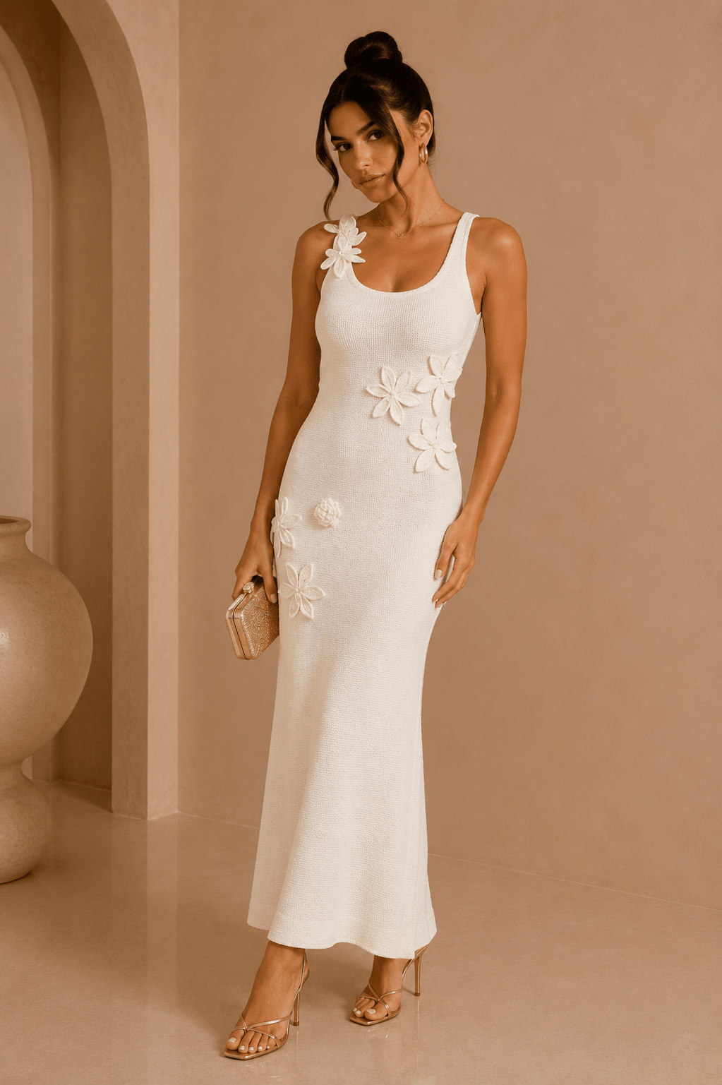 Cream 3D Flower Applique Maxi Dress - STYLED BY ALX COUTUREDresses