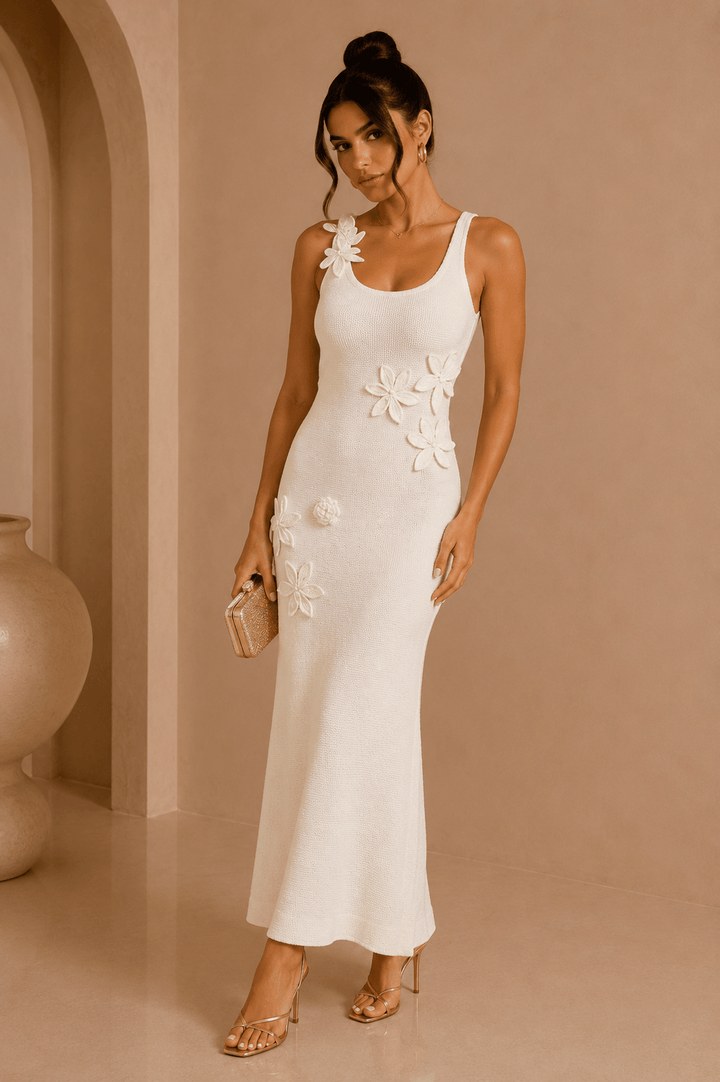 Cream 3D Flower Applique Maxi Dress - STYLED BY ALX COUTUREDresses