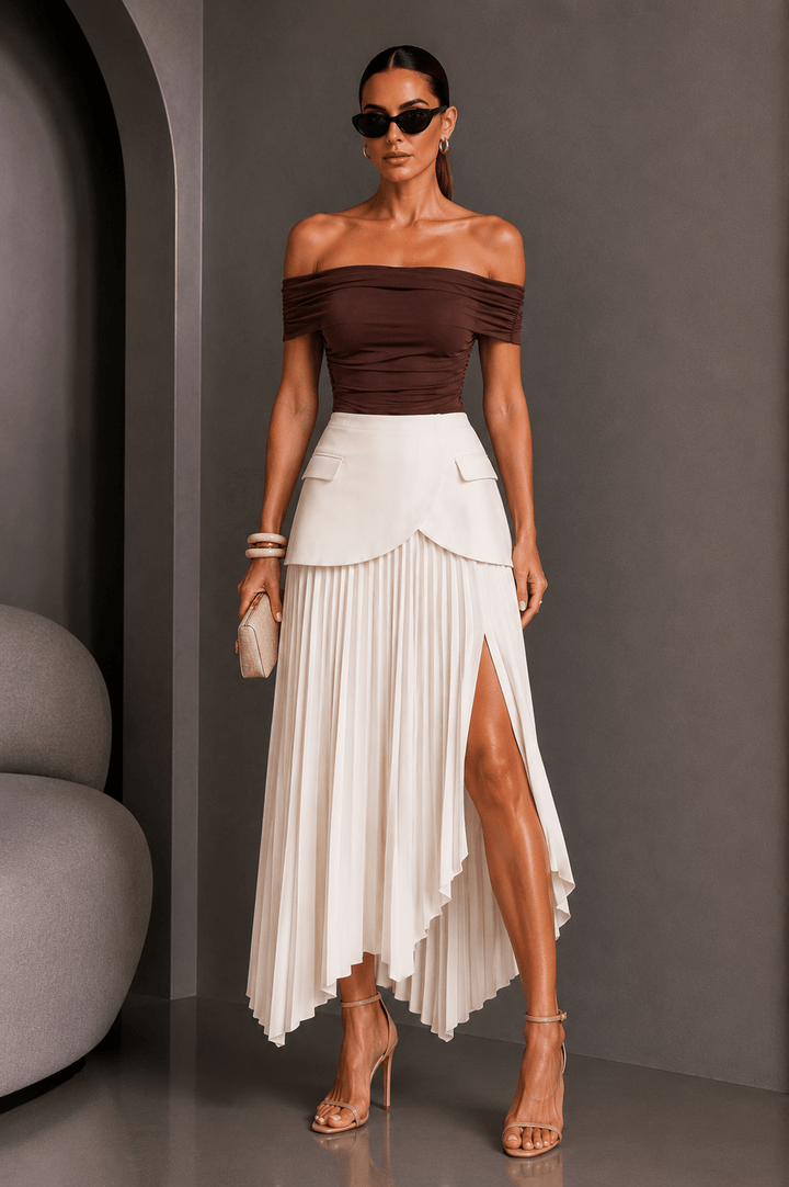 Cream Asymmetric Pleated Slit Suit Skirt - STYLED BY ALX COUTURESkirts