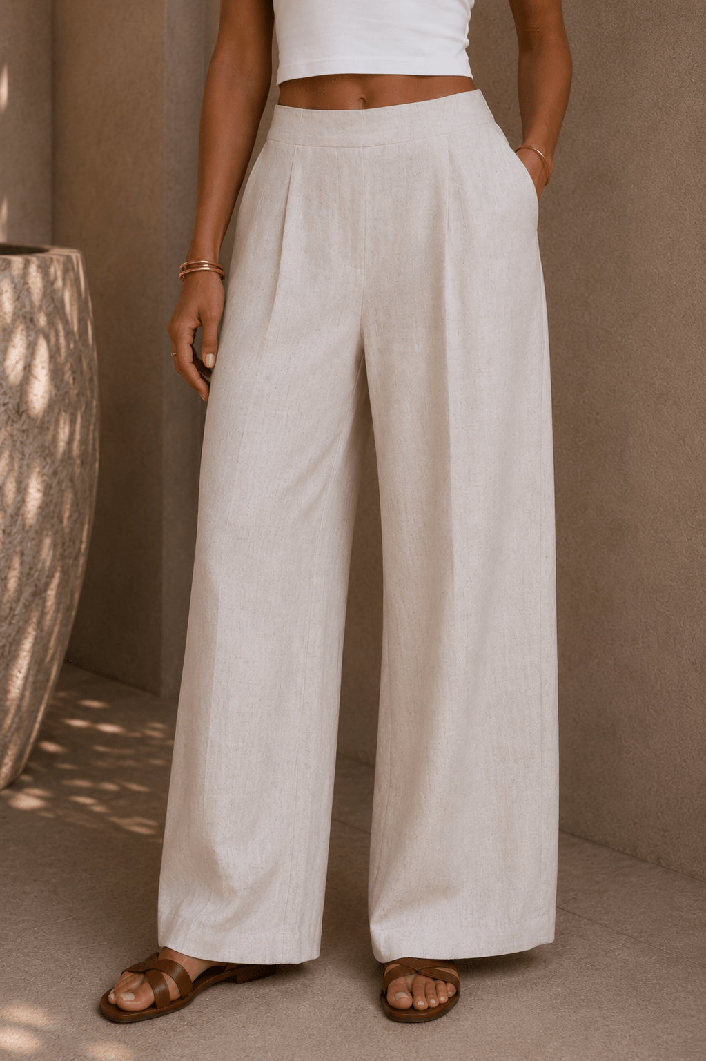 Cream Beige Linen Pants - STYLED BY ALX COUTUREPants