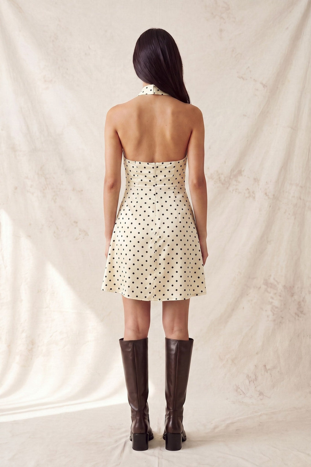 Cream Black Polka Dot Satin Halter Neck Scarf Mini Dress - STYLED BY ALX COUTUREDresses