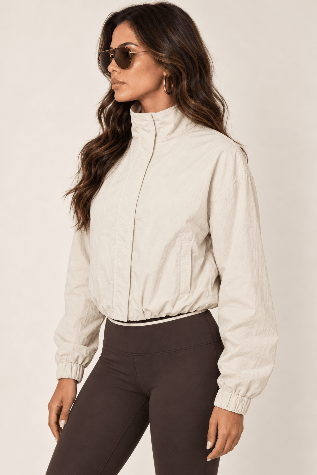 Cream Cropped Nylon Windbreaker Jacket - STYLED BY ALX COUTURECoats &amp; Jackets
