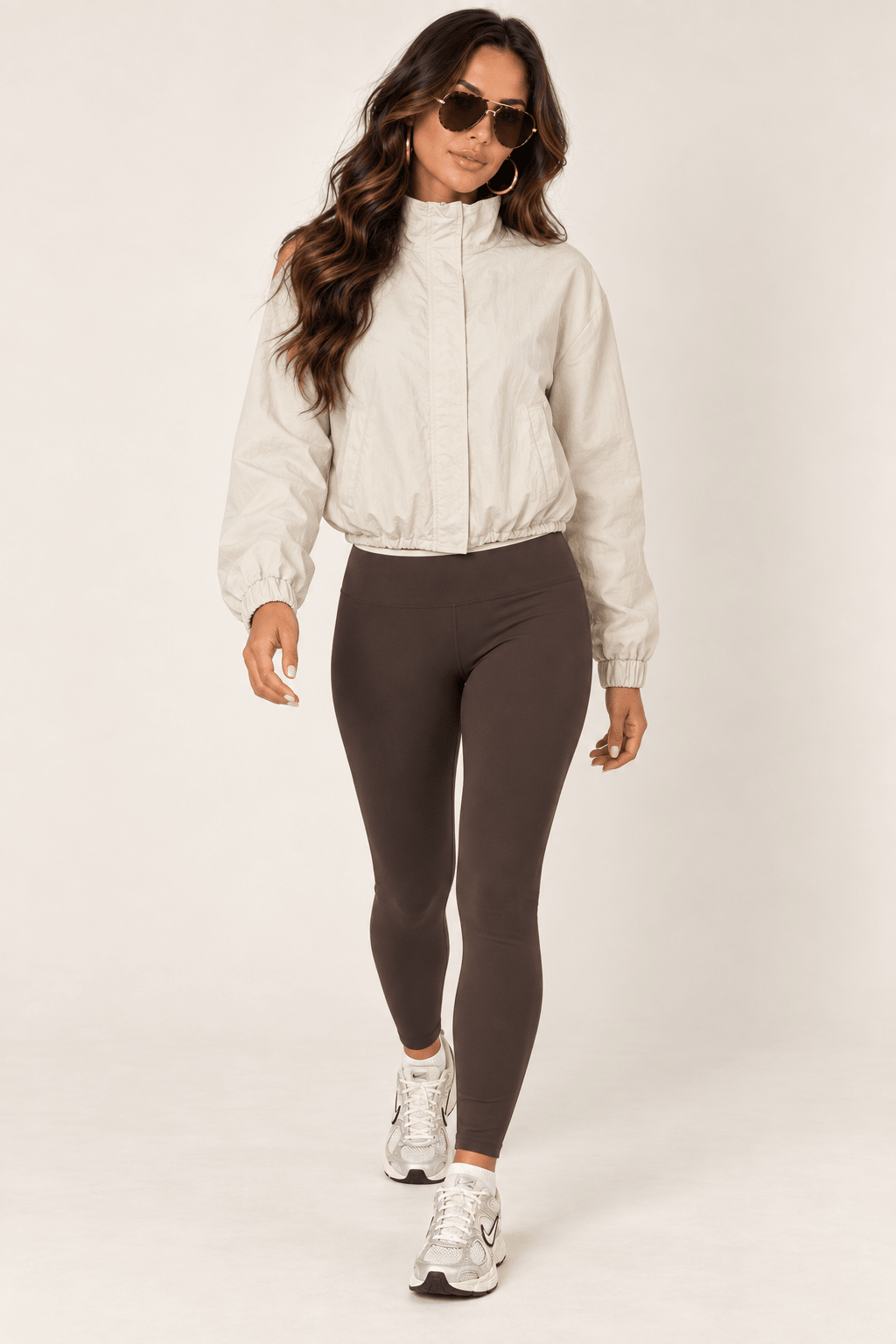 Cream Cropped Nylon Windbreaker Jacket - STYLED BY ALX COUTURECoats &amp; Jackets