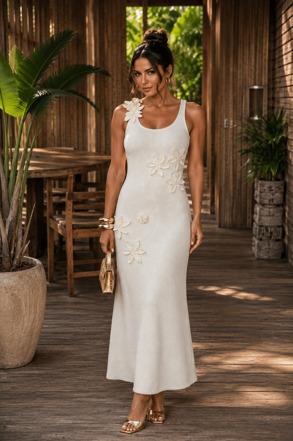 Cream Flower Applique Maxi Dress - STYLED BY ALX COUTUREDresses