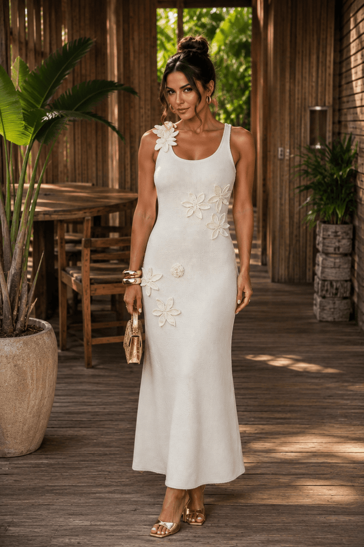 Cream Flower Applique Maxi Dress - STYLED BY ALX COUTUREDresses