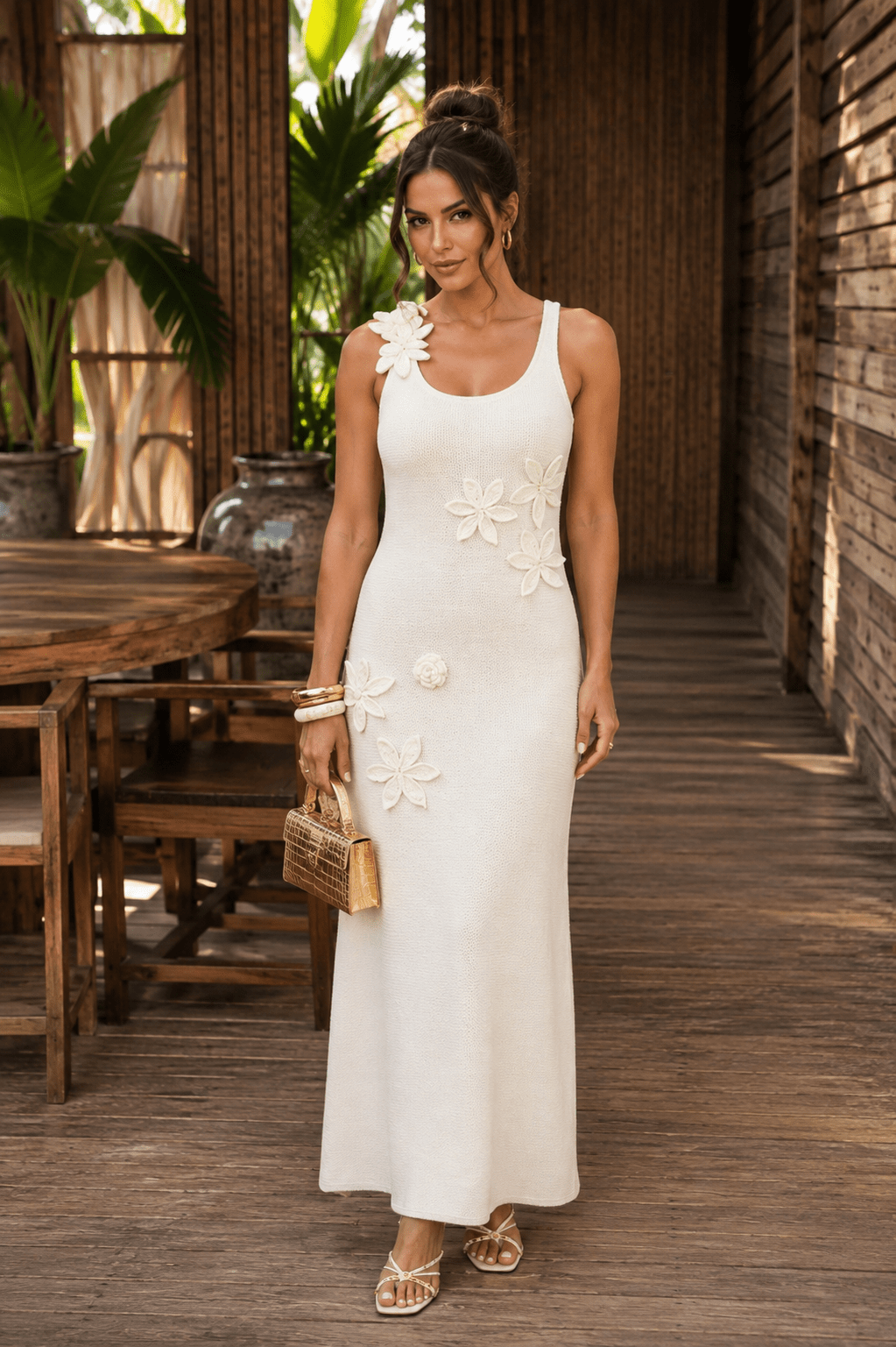 Cream Flower Applique Maxi Dress - STYLED BY ALX COUTUREDresses