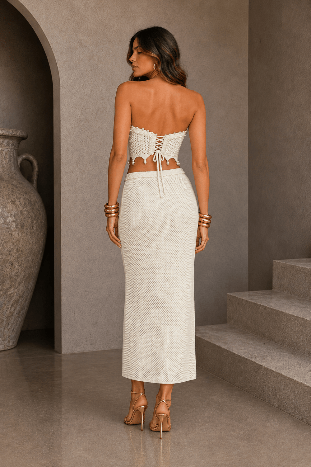 Cream Pearl Crochet Skirt Set - STYLED BY ALX COUTUREOutfit Sets