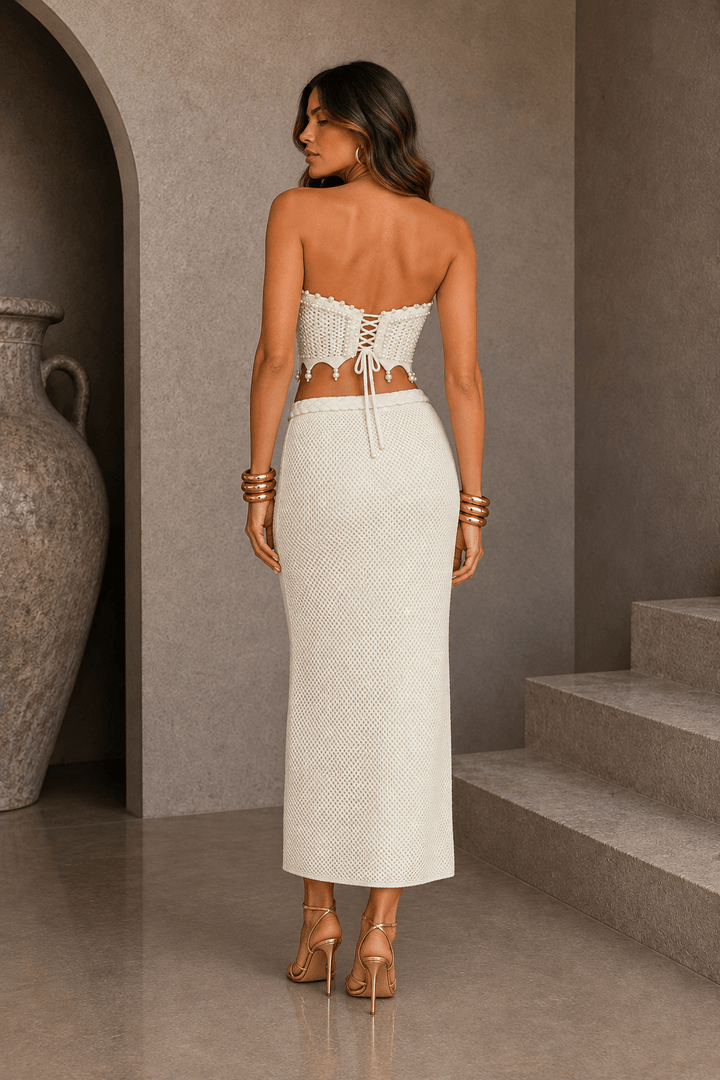 Cream Pearl Crochet Skirt Set - STYLED BY ALX COUTUREOutfit Sets