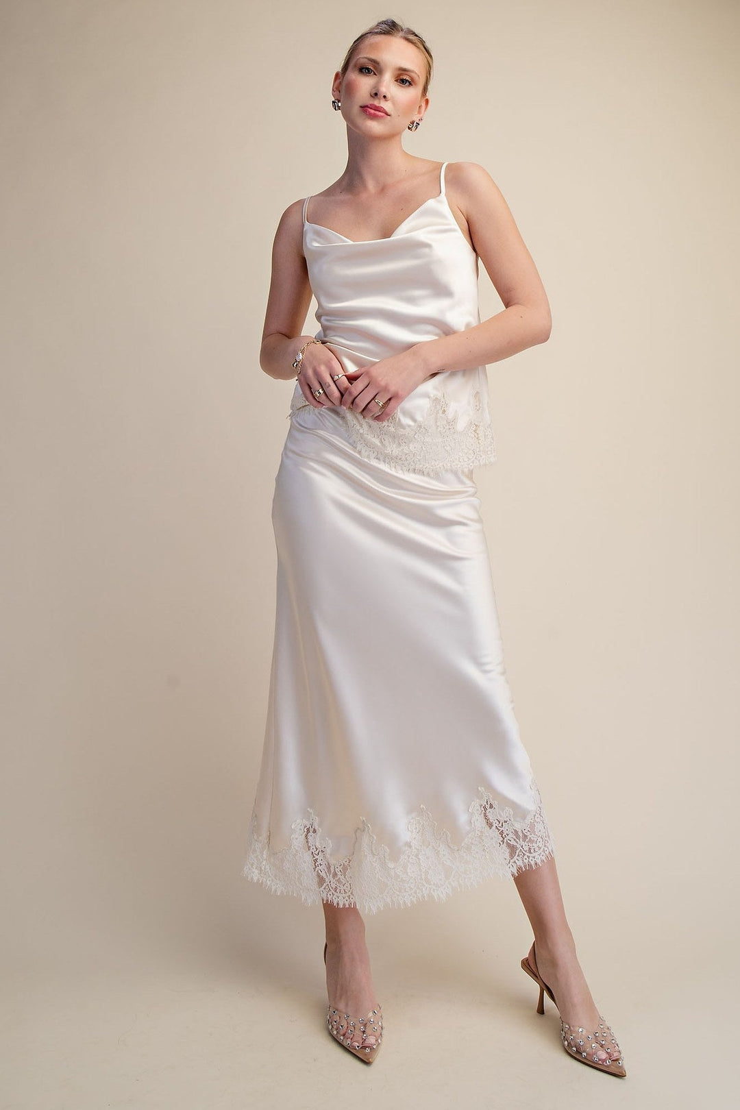 Cream Satin Lace Trim Midi Skirt - STYLED BY ALX COUTURESkirts
