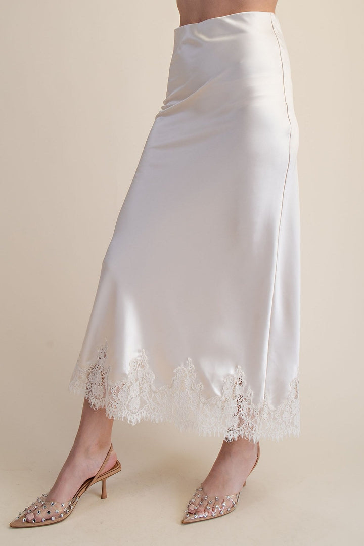 Cream Satin Lace Trim Midi Skirt - STYLED BY ALX COUTURESkirts