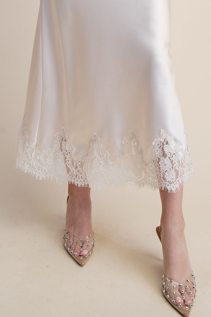 Cream Satin Lace Trim Midi Skirt - STYLED BY ALX COUTURESkirts
