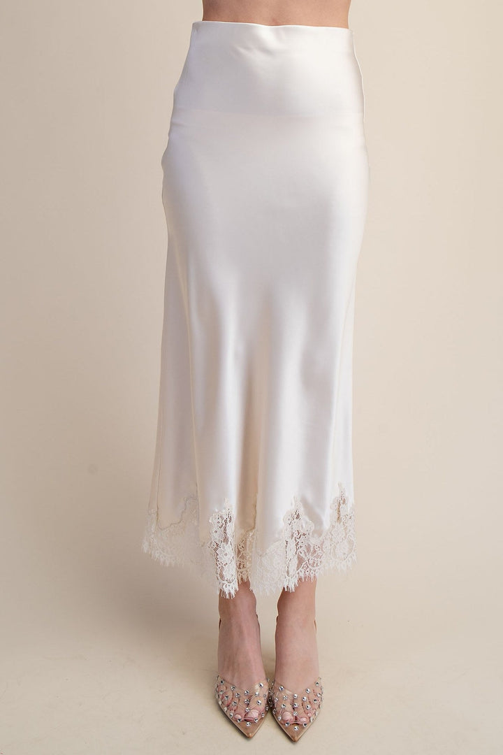 Cream Satin Lace Trim Midi Skirt - STYLED BY ALX COUTURESkirts