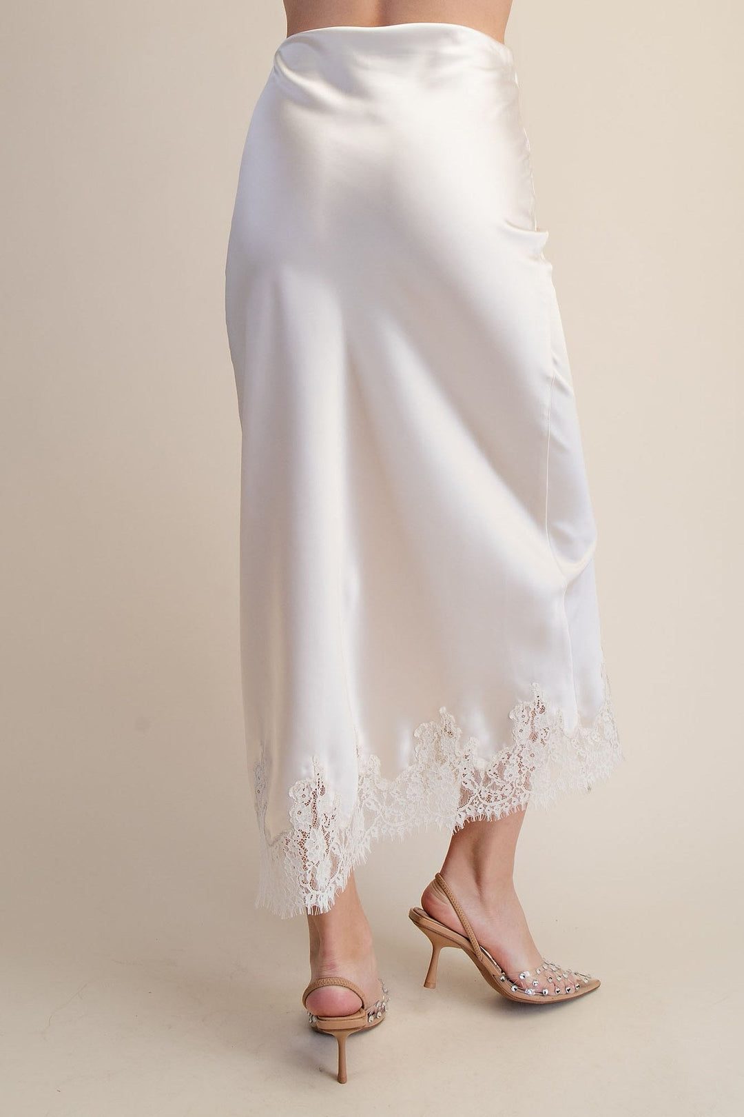 Cream Satin Lace Trim Midi Skirt - STYLED BY ALX COUTURESkirts