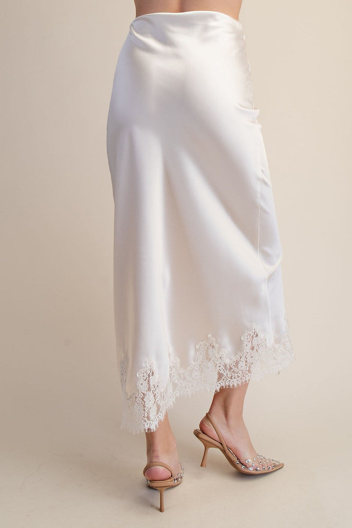 Cream Satin Lace Trim Midi Skirt - STYLED BY ALX COUTURESkirts