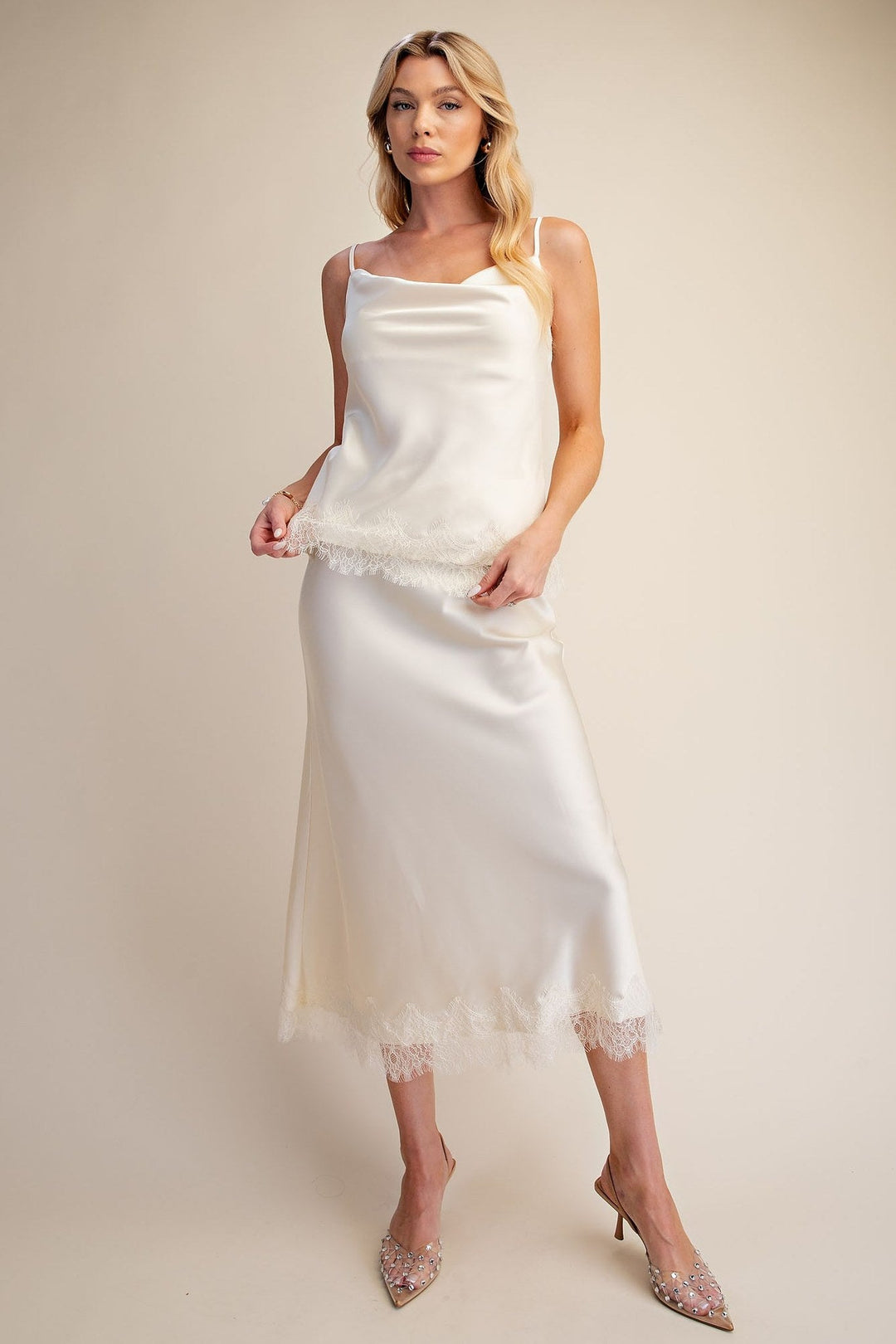 Cream Satin Scalloped Lace Cowl Neck Cami Top - STYLED BY ALX COUTURETops