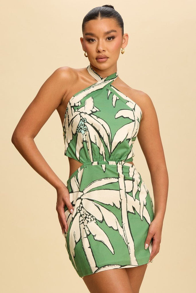 CrissCross Tropical Halter Mini Dress  STYLED BY ALX COUTURE