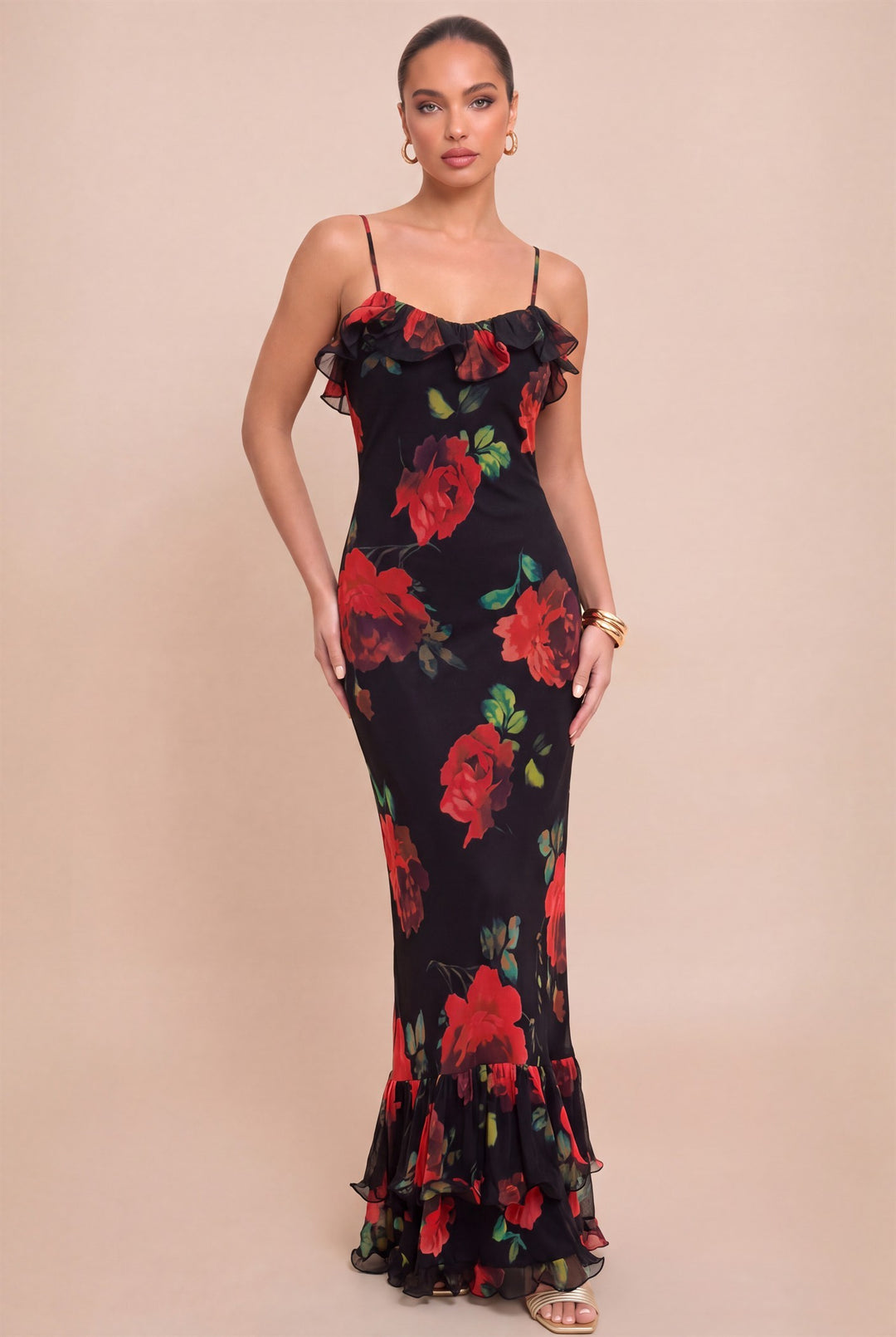 Front view of Luxxel black maxi dress with red roses and ruffled neckline and hem
