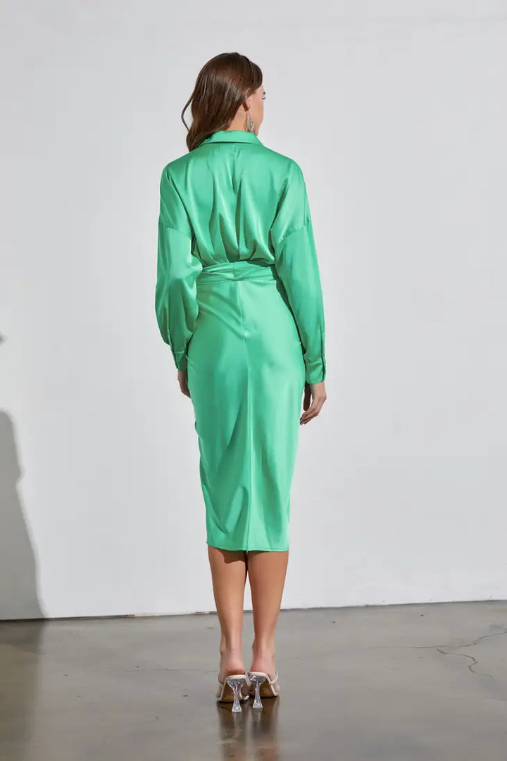 STYLED BY ALX COUTURE MIAMI BOUTIQUE Biscay Green Collar Button Down Front Tie Dress