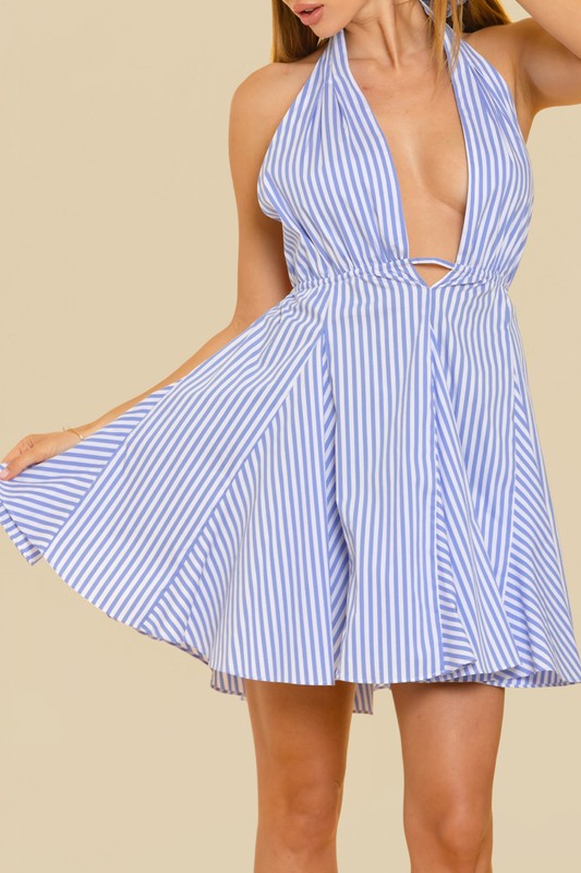 model wearing Blue Stripe Plunge Neckline Mini Dress