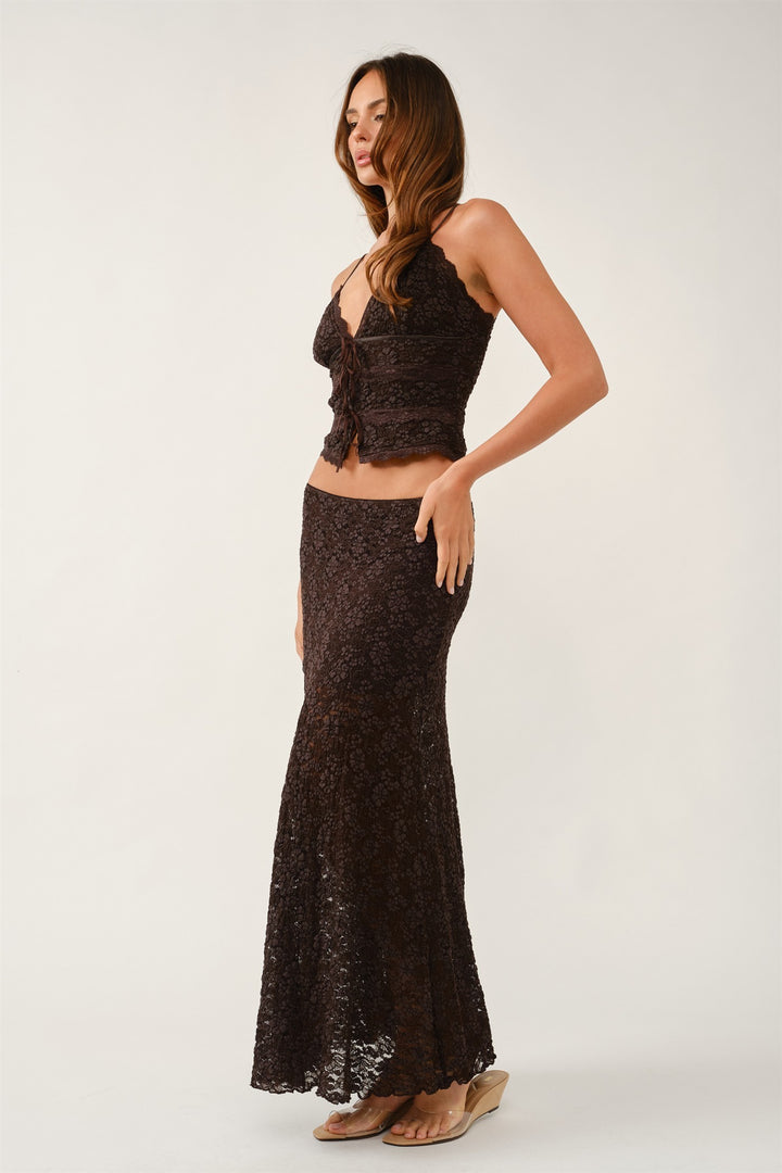 Model in the brown floral lace maxi skirt and matching cami, a romantic fall outfit for holiday parties