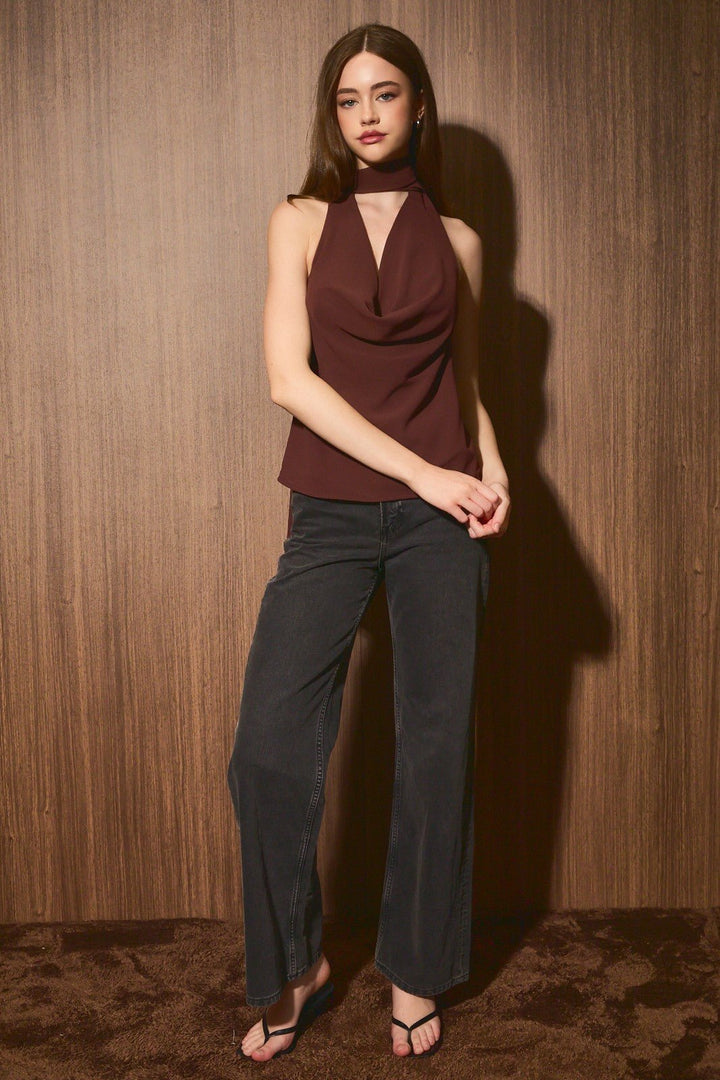 Dark Brown Cowl Neck Scarf Top - STYLED BY ALX COUTUREShirts &amp; Tops