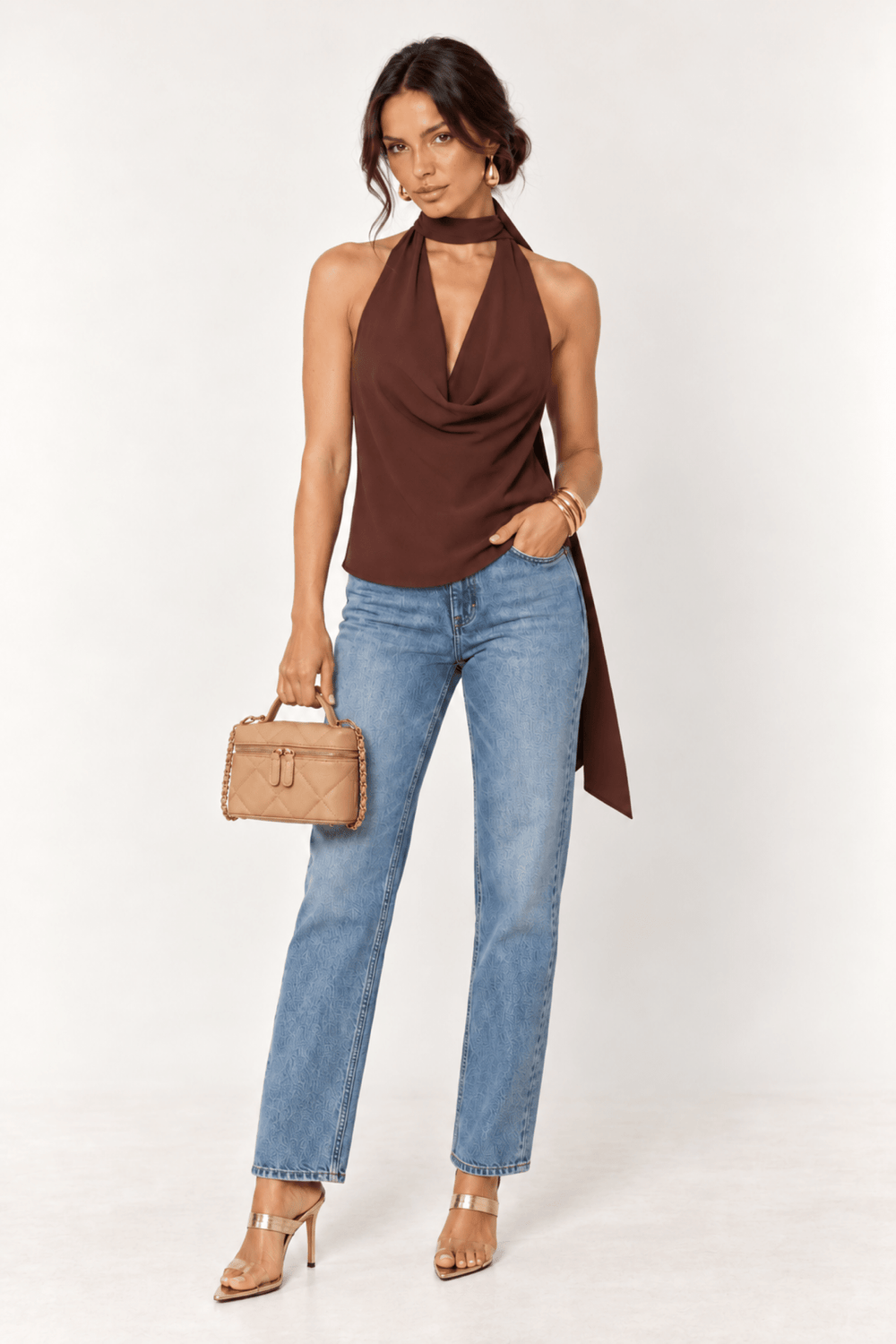 Dark Brown Cowl Neck Scarf Top - STYLED BY ALX COUTUREShirts & Tops
