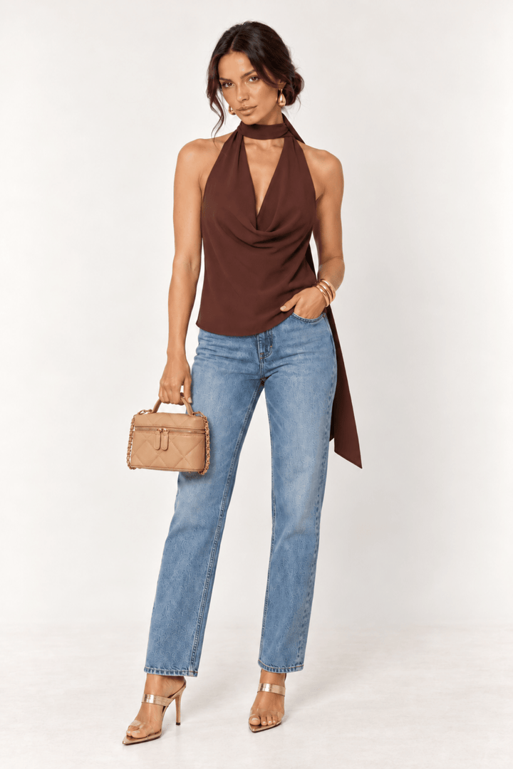 Dark Brown Cowl Neck Scarf Top - STYLED BY ALX COUTUREShirts &amp; Tops