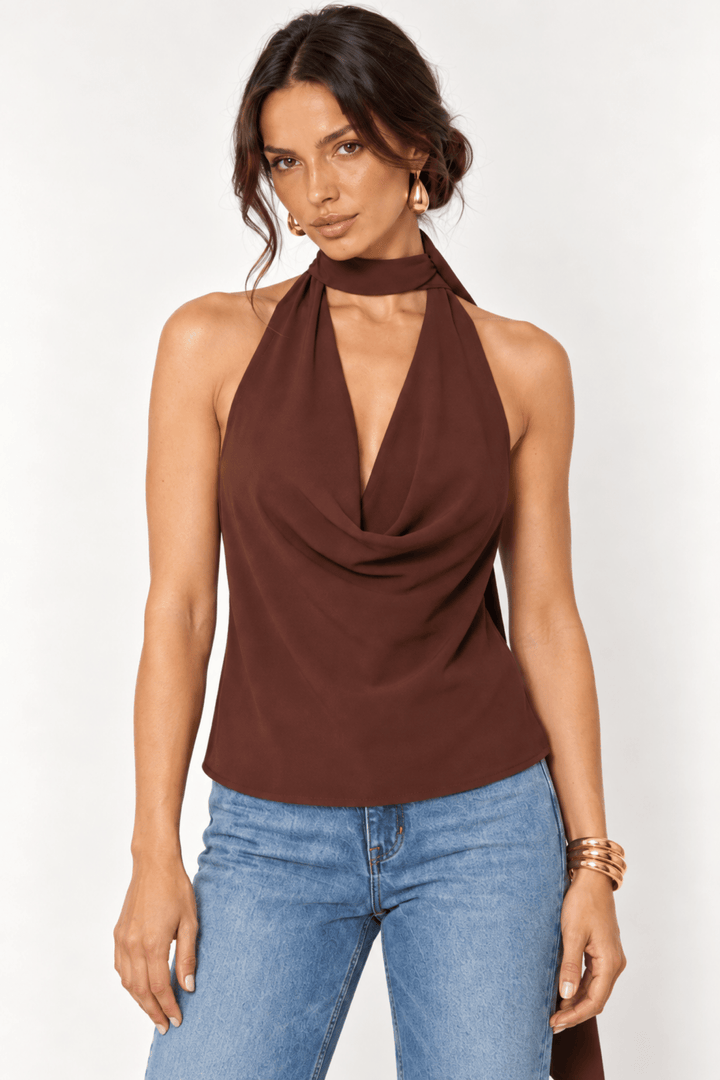 Dark Brown Cowl Neck Scarf Top - STYLED BY ALX COUTUREShirts &amp; Tops