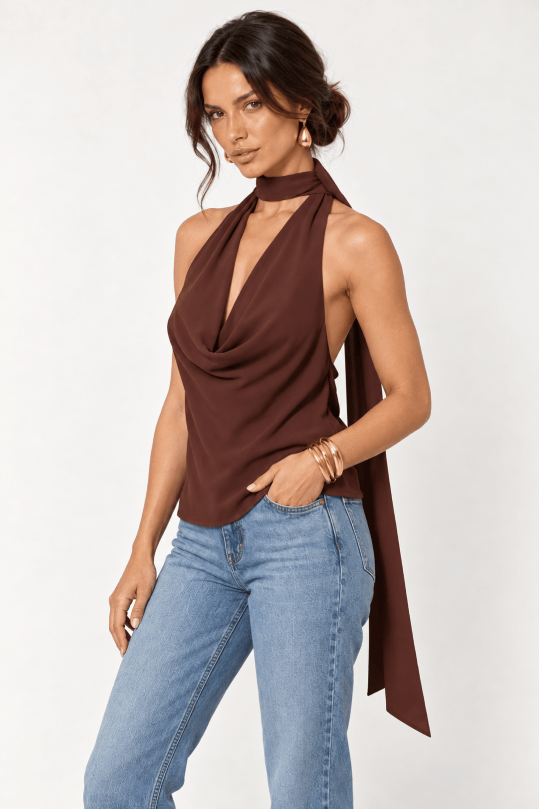 Dark Brown Cowl Neck Scarf Top - STYLED BY ALX COUTUREShirts &amp; Tops