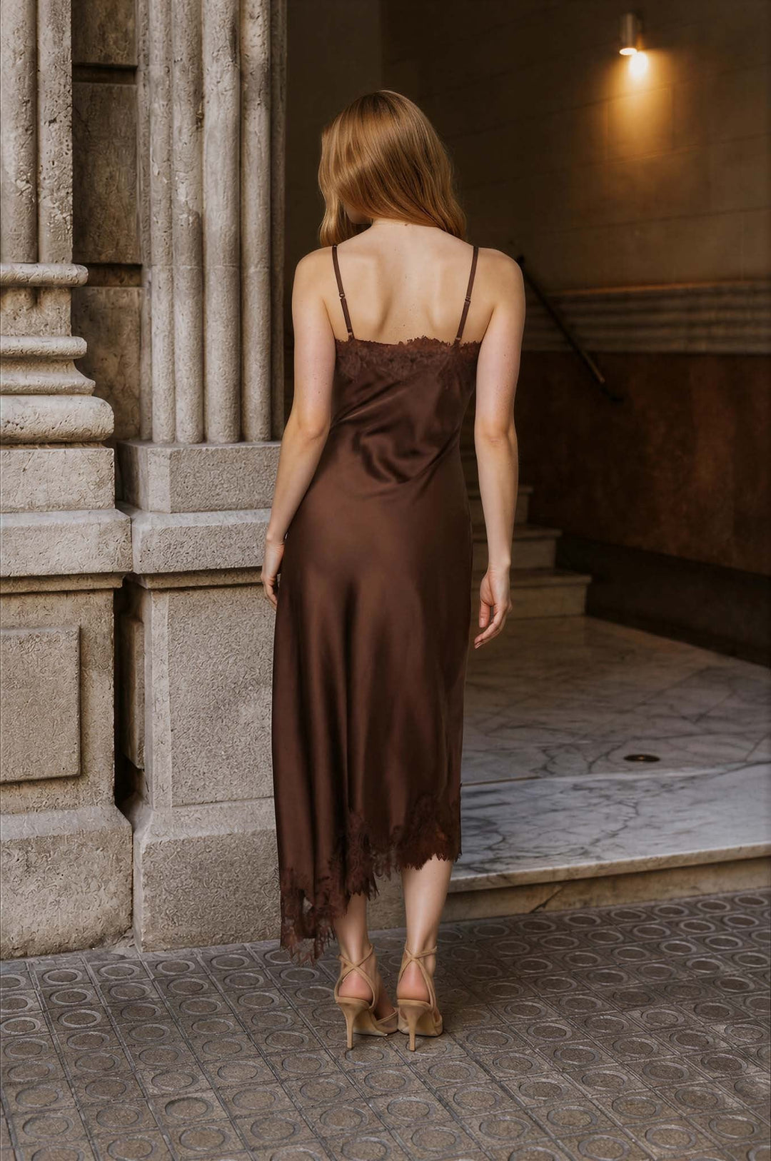 Dark Brown Lace Trim Satin Dress - STYLED BY ALX COUTUREDresses