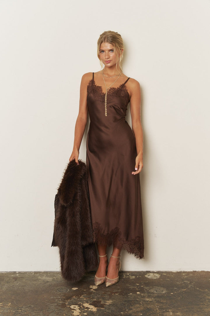 Dark Brown Lace Trim Satin Dress - STYLED BY ALX COUTUREDresses