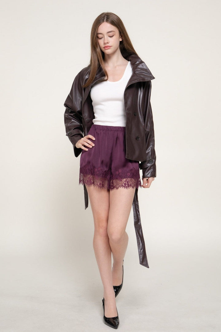 Dark Brown Lace Trim Satin Shorts - STYLED BY ALX COUTUREShorts