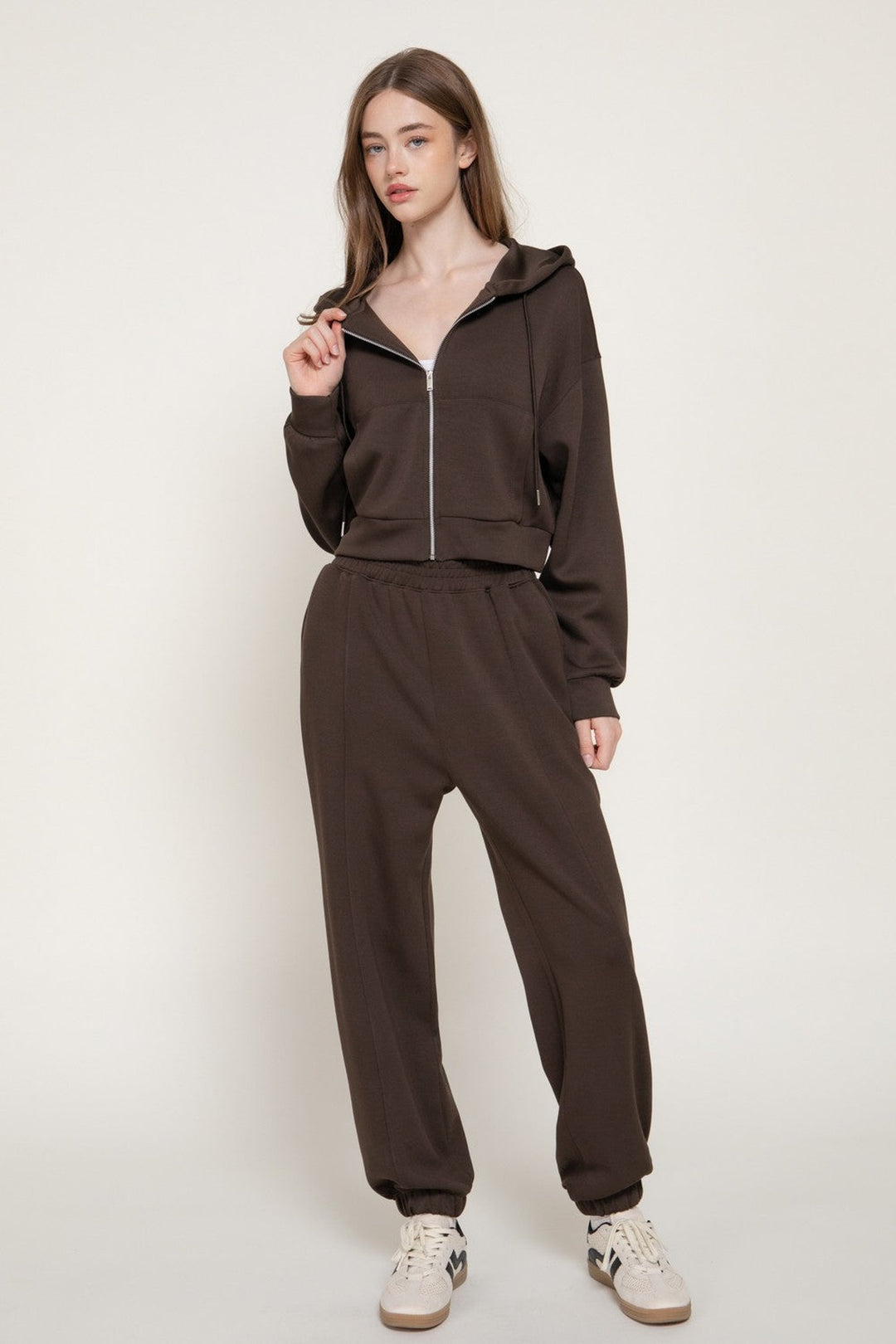 Dark brown long sleeve soft scuba hoodie jacket worn as a set with the dark brown joggers